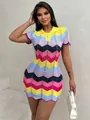 Full-body view of a vibrant colorful chevron pattern knit polo dress with slim-fit design - S / Top And Bottom / Yellow