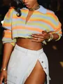 Detailed view of colorful striped knit cropped cardigan with polo collar and zip front - S / Tops / Multicolor