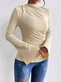 Close-up of women's ruched slim fit top featuring elegant flared bell sleeves - S / Tops / Apricot Yellow