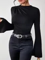 Detail of black women's slim T-shirt with mock neck and elegant bell sleeves - S / Tops / Black