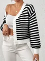 Close-up of black and white striped knitted cardigan with lantern sleeves - S / Tops / Black Stripe