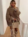 Detail of oversized high-neck sweater with contrast trim and matching handbag - S / Tops / Dark Khaki