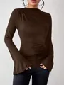 Detail view of slim fit brown mock neck top with ruched bodice and flare sleeves - S / Tops / Brown