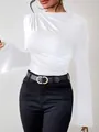 Detailed view of an elegant white flare sleeve T-shirt featuring ruched high neck design - S / Tops / White
