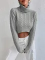 Detailed view of a premium grey cable-knit turtleneck cropped sweater for women's winter fashion. - S / Tops / Gray