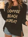 Detail view of black knit sweater featuring Coffee Beach Repeat sequined lettering. - S / Tops / Black