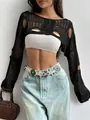 Detail view of black distressed hollow-out knit shrug with ripped design - S / Tops / Black