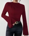 Slim fit burgundy T-shirt featuring elegant bell sleeves and pleated shoulder detail. - Burgundy