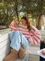 Casual chic chunky pink striped oversized knit sweater with stylish batwing sleeves - S / Tops / Pink