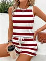 Casual summer sleeveless red and white striped tank top and shorts set with pockets - S / Top And Bottom / Red