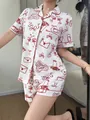Stylish women's white short sleeve pajama set with romantic red heart and envelope print - S / Top And Bottom / White Red Heart Print