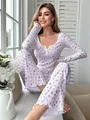 Cozy floral print two-piece pajama set with delicate lace trim on the neckline - S / Top And Bottom (C0507) / Light Purple