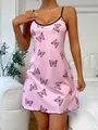 Detail of pink loungewear dress with black butterfly pattern and spaghetti straps - S / Pink Butterfly