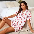 Women's white pajama set with red heart and rose print, short sleeves and button-up lapel - S / Top And Bottom / White Red Rose Print