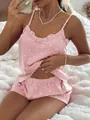 Detailed view of pink heart print ribbed pajama set with elegant lace trim details. - Pink White