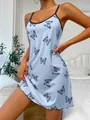 Light blue camisole sleepwear dress featuring an all-over navy butterfly print pattern - M / Blue Butterfly