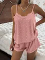 Detailed view of pink heart print ribbed pajama set with lace trim camisole and shorts. - S / Top And Bottom / Deep Pink
