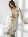 Conjunto de pijama de dos piezas para mujer crema con estampado de cerezas y pantalón - Amarillo