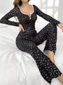 Conjunto de pijama floral de dos piezas con manga larga y pantalón negro rosa - Negro
