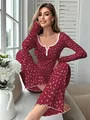 Conjunto de ropa de casa granate con estampado floral y encaje blanco para mujer - Rojo