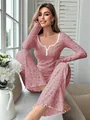 Conjunto de ropa de casa rosa con flores para mujer con manga larga y dobladillo volante - Rojo Anaranjado