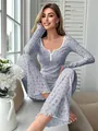 Conjunto de pijama de dos piezas en punto acanalado azul claro con estampado floral y pantalón - Gris