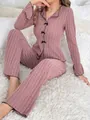Soft and warm two-piece ribbed knit pajama set for women in elegant dusty pink color - S / Top And Bottom / Lotus root pink