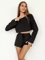 Women's black ribbed knit lounge set featuring a crop long sleeve top and shorts - S / Top And Bottom / Black