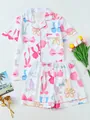 Women's two-piece short sleeve pajama set with vibrant colorful bow print designs - S / Top And Bottom / Streamer