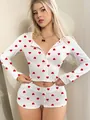 White pajama set with red heart print, long sleeve cardigan and matching slim shorts - S / Top And Bottom / Heart