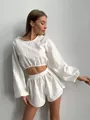 Minimalist white long-sleeve crop top and shorts two-piece pajama set for women - S / Top And Bottom / White