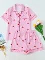 Two-piece pink and white striped women's pajamas with adorable red heart prints - S / Top And Bottom / Striped Heart