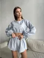 Light blue striped two-piece pajama set with long sleeve crop top and split shorts - S / Top And Bottom / Light Blue