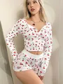 Women's cute cherry print pajama set featuring long sleeve cardigan top and high waist shorts - S / Top And Bottom / Cherry