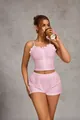Pink two-piece pajama set with ruffle camisole top and matching shorts in eyelet fabric. - S / Top And Bottom / Pink