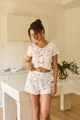 Chic floral print button-front short sleeve crop top and shorts pajama set for women - S / Top And Bottom / White