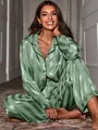 Chic sage green striped satin pajama set with long sleeves and notched collar detail - S / Top And Bottom / Green