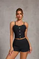 Sexy black two-piece pajama set featuring ruffle camisole top and matching shorts - S / Top And Bottom / Black