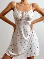 White camisole dress with strawberry pattern and front bow detail in ribbed fabric - S / Bottoms / Strawberry