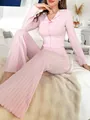 Detailed view of pink ribbed loungewear set featuring a charming ruffle collar and bow - S / Top And Bottom / Pink