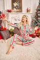 Festive Christmas pajamas for women featuring red and green stripes with gingerbread man print. - S / Top And Bottom / Two-tone (Gold & Silver)