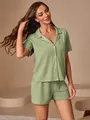 Elegant sage green women's short sleeve button up pajama set featuring a lapel collar - S / Top And Bottom / Green