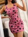 Sexy pink bodycon mini dress featuring black heart print for summer loungewear and pajamas - S / Tops / Black Pink