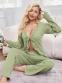 Two-piece sexy green tie-front cardigan and pants pajama set for women loungewear - S / Top And Bottom / Green