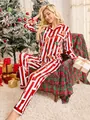 Festive red and white striped Christmas pajama set with cute gingerbread man print for women - S / Top And Bottom / Red