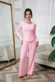 Elegant pink ribbed lounge set featuring buttoned long-sleeved top and wide-leg pants - S / Top And Bottom / Pink