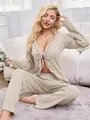 Sexy beige cable knit tie-front loungewear set for women, long sleeves and pants. - S / Top And Bottom / Apricot