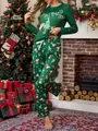 Women's green Christmas pajama set with Santa and tree prints in festive home setting. - Dark Green Santa (W11109-2)