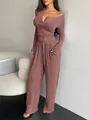 Mauve two-piece lounge set with V-neck long sleeve top and wide-leg drawstring pants - S / Top And Bottom / Red Pink