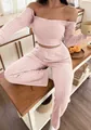 Detailed texture of pink ribbed fabric on this off-the-shoulder loungewear set - S / Top And Bottom / Pink